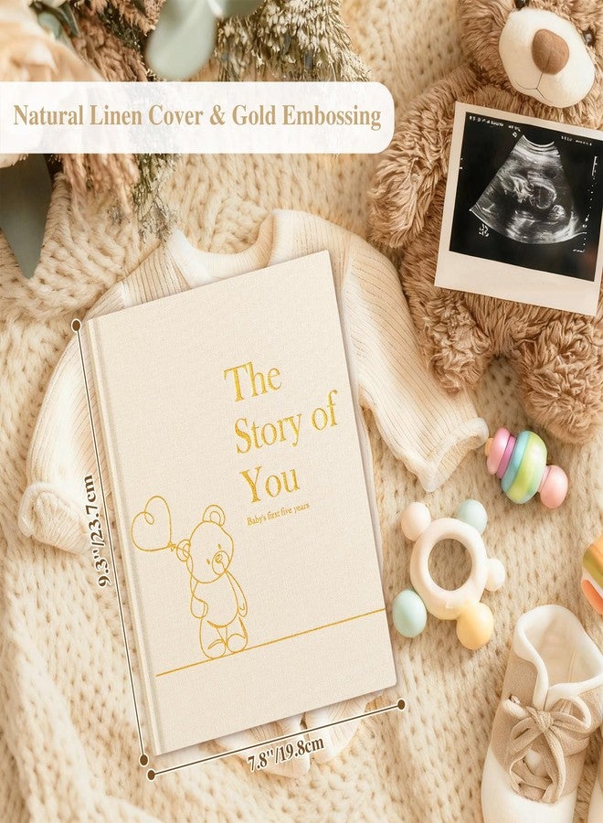 Lanpn Baby Memory Book for Boy Girl - The Story of You, Newborn Babys Keepsake Book Photo Album for New Parents, Linen Cover Baby First 5 Year Milestone Journal Scrapbook (Beige, 154 Pages) - Image 2